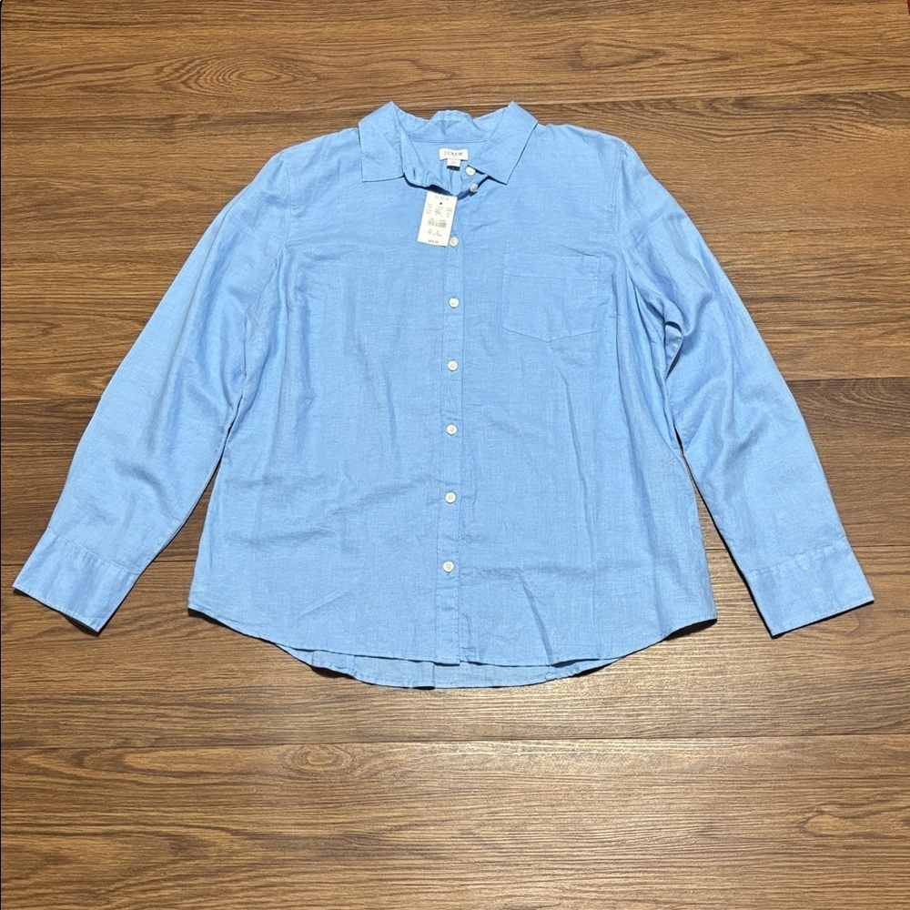 J Crew Linen Blend Button Down Shirt XL Blue NWT Lightweight Summer